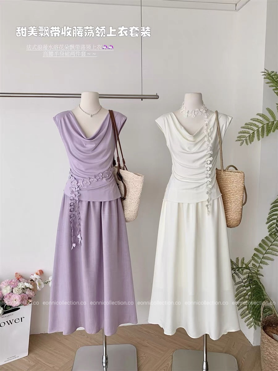 #2082 French Cowl Neck Top & Tiered Skirt Ensemble (2 Colors)