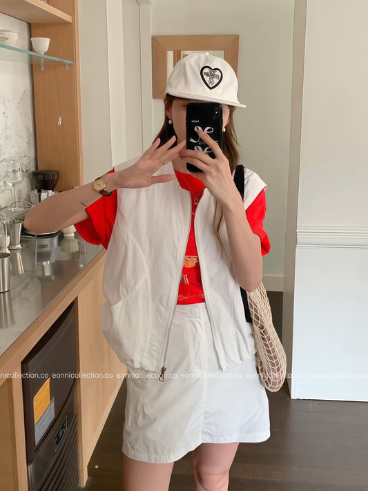#2041 Korean Style Casual Vest + Cargo Skirt with Built in Safety Shorts - White