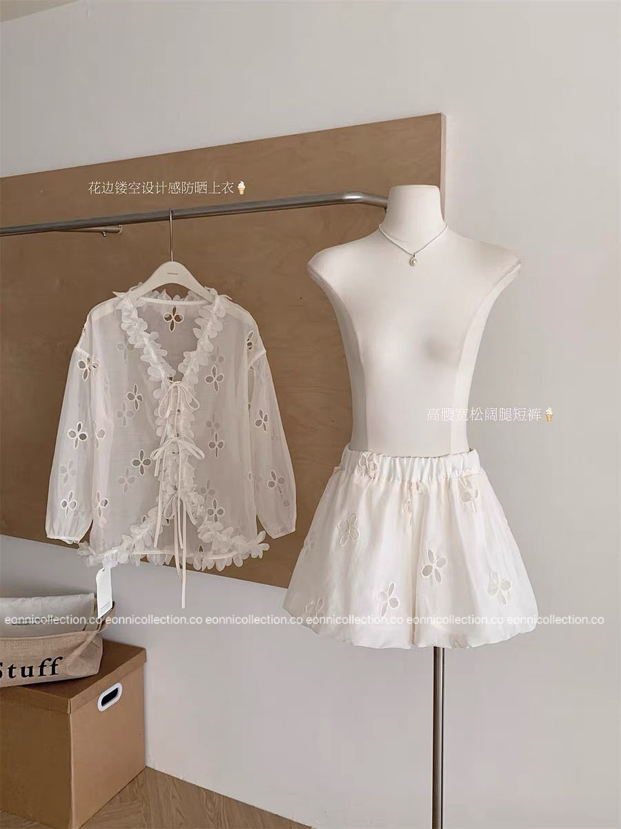 #2108 French Style Eyelet Cardigan Set – Elegant Two-Piece