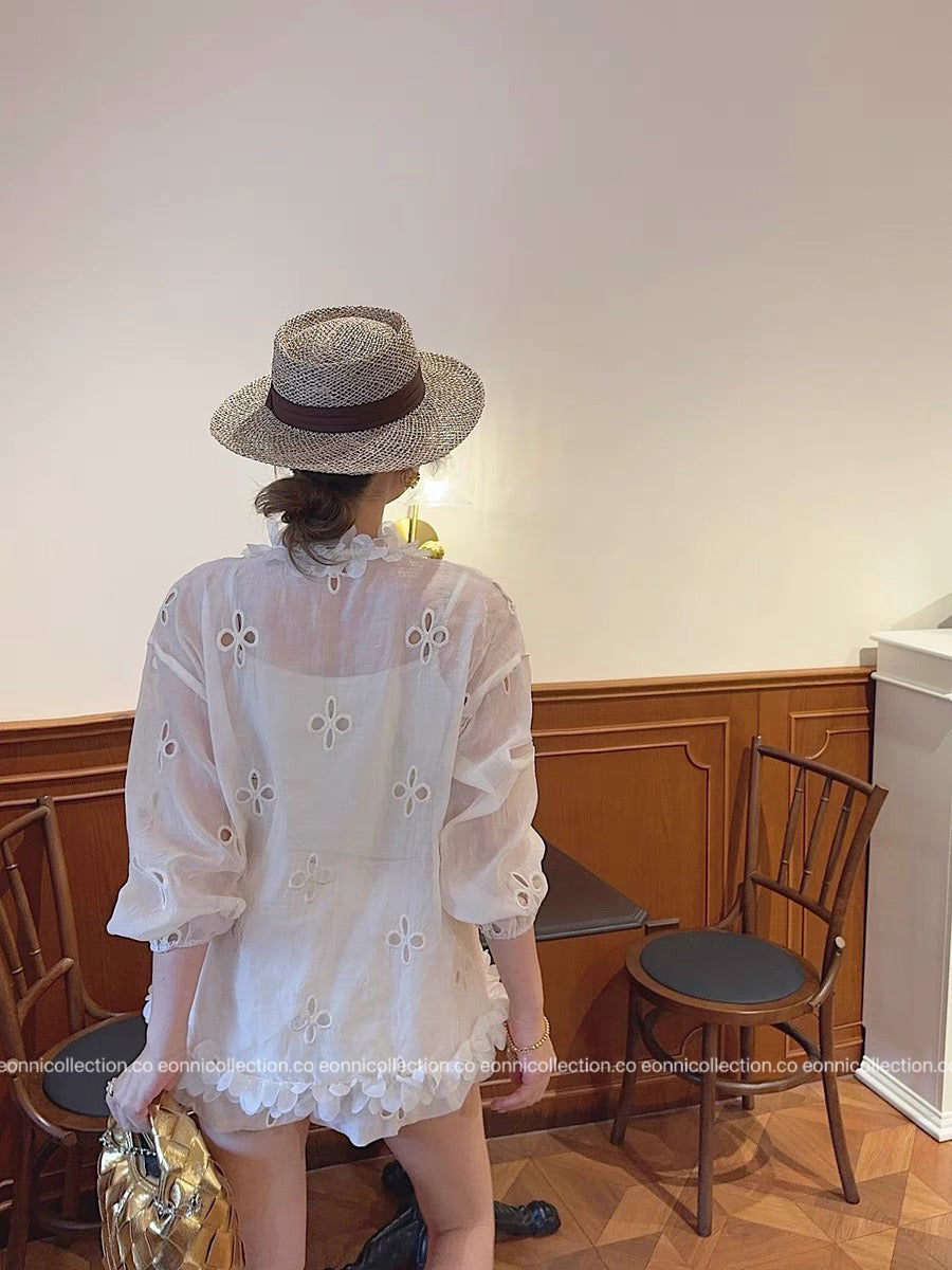 #2108 French Style Eyelet Cardigan Set – Elegant Two-Piece