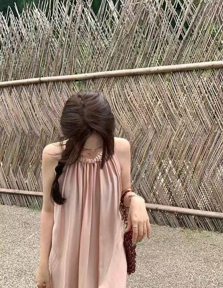 #2009 Cable Stitch Halter Neck Loose-Fit Sundress - Pink