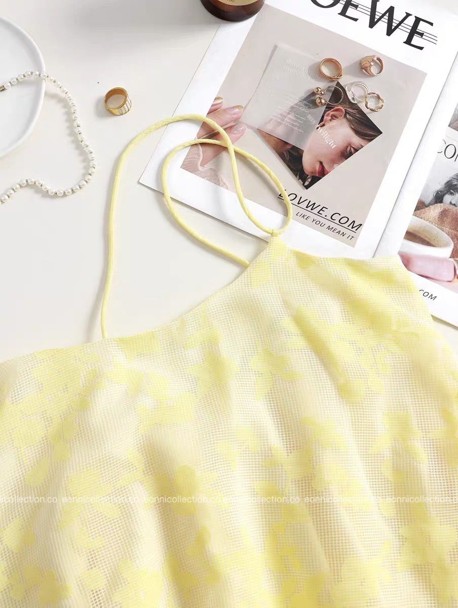 #2099 Zhao Lusi Inspired Yellow Floral Camisole Puff Dress Top
