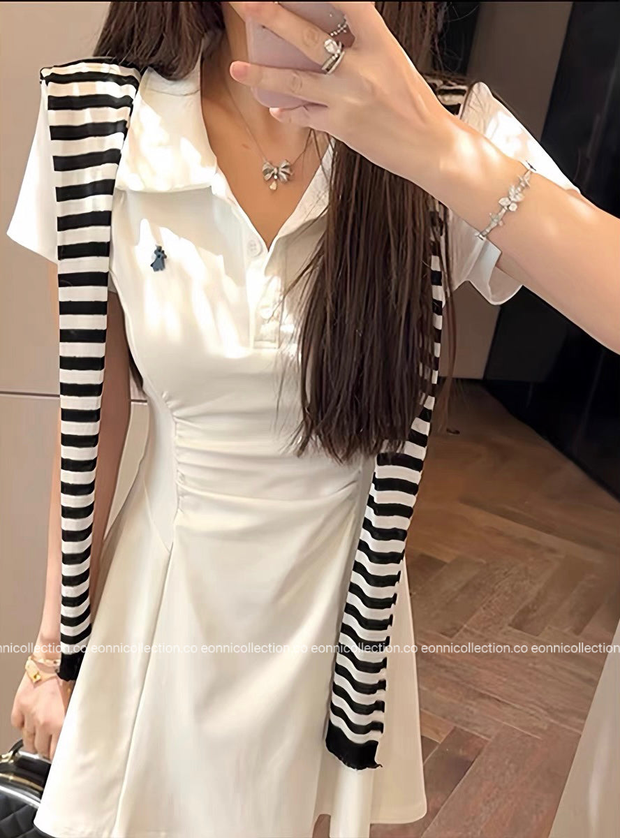 #2105 Preppy Polo Dress 3-Piece Set with Brooch(3 Colors)