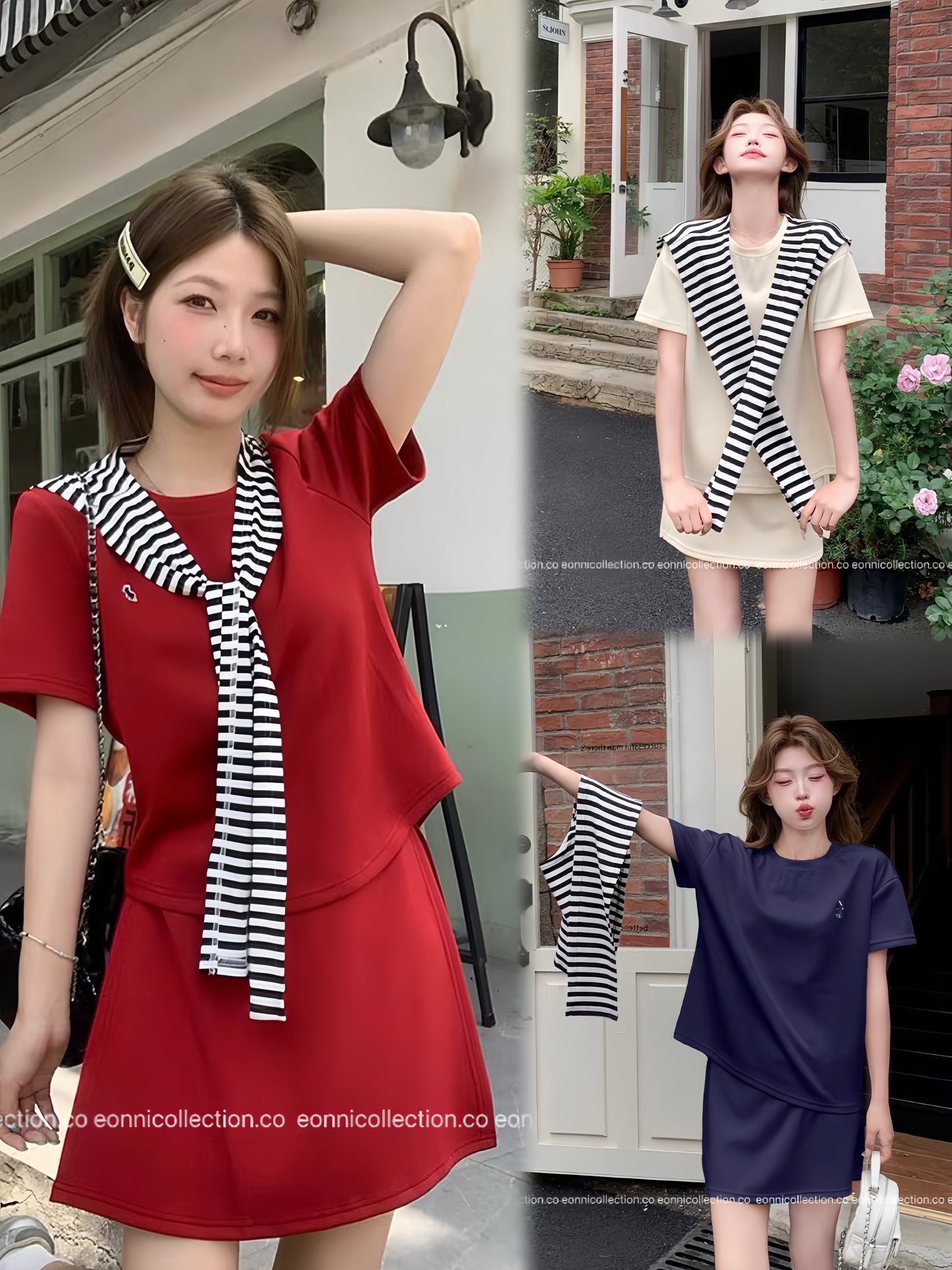 #2061 Korean Style Casual T Shirt + Cover Up High Waist Mini Skirt Three Piece Set(3 Colors)