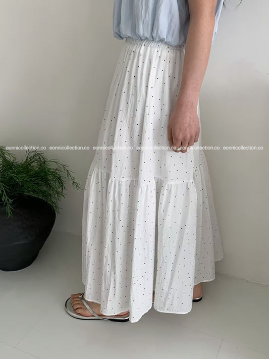 #3022 Elasticized High Waisted Cotton A Line Skirt - White Polka Dots