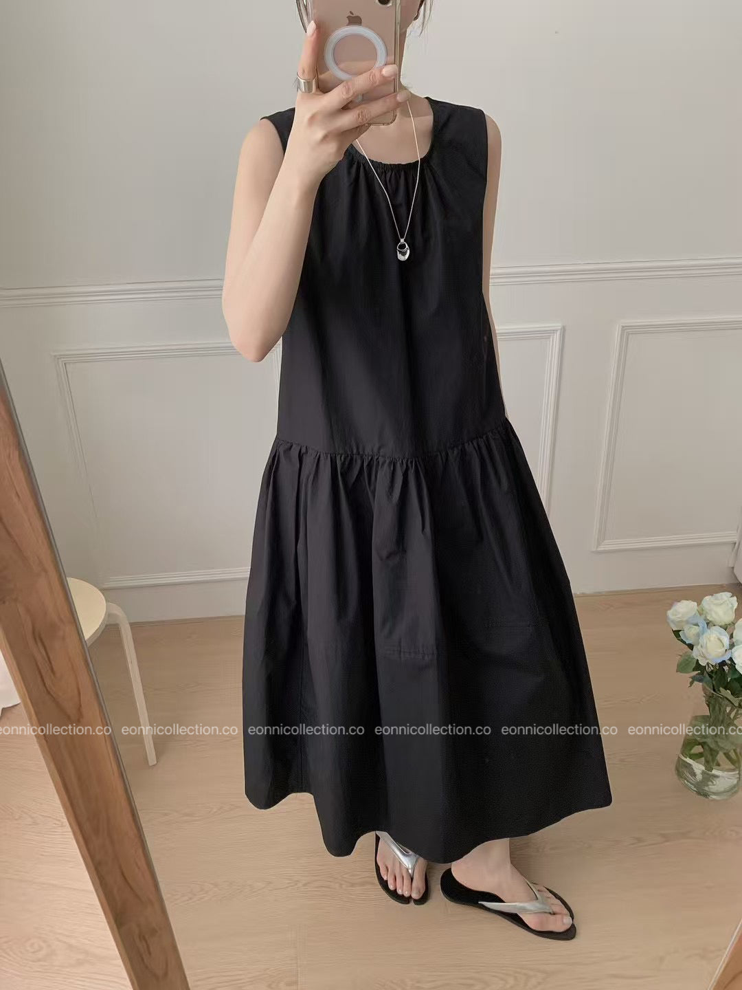 #2097 French Style Loose Fit Cotton Maxi Dress with Crossbody Hobo Bag(3 Colors)