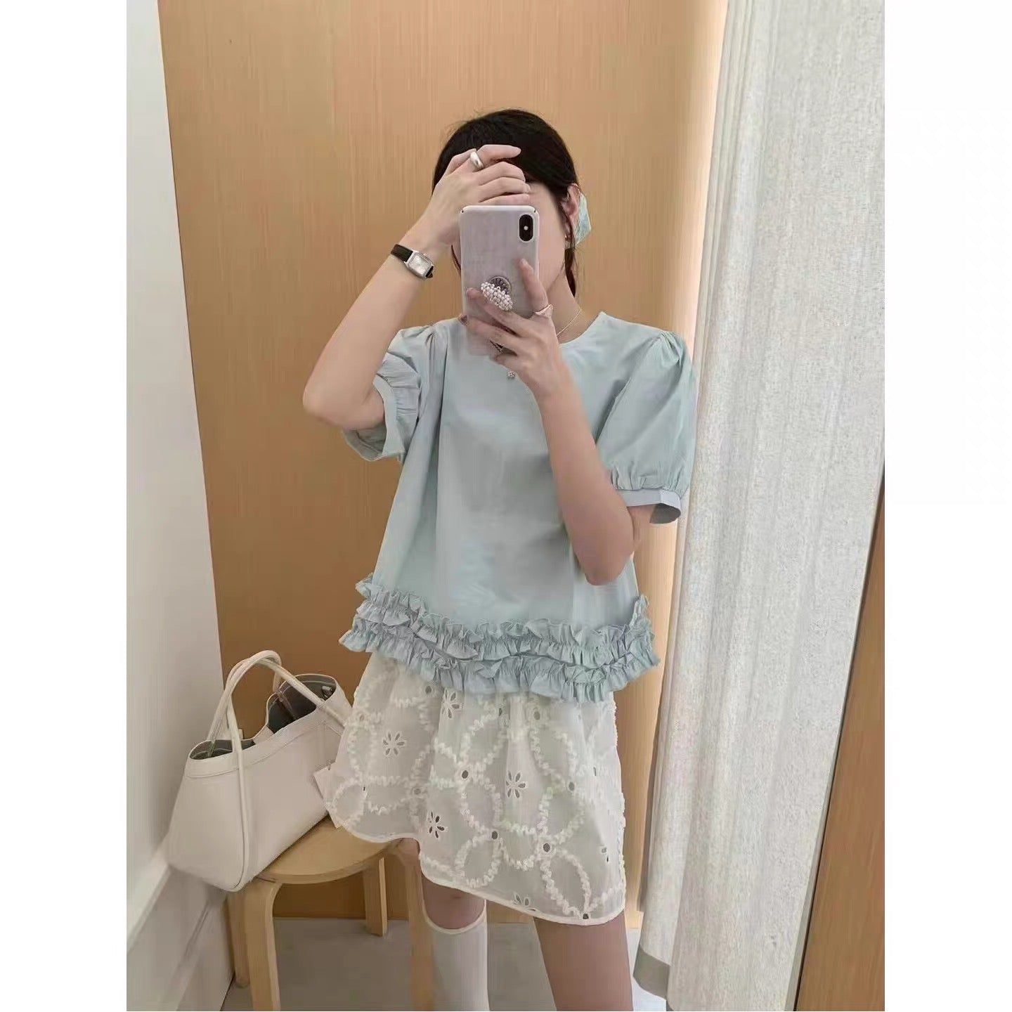 #1035 Loose-Fit Short Sleeve Shirt w/ Ruffle Trim & Matching Hair Tie - Green