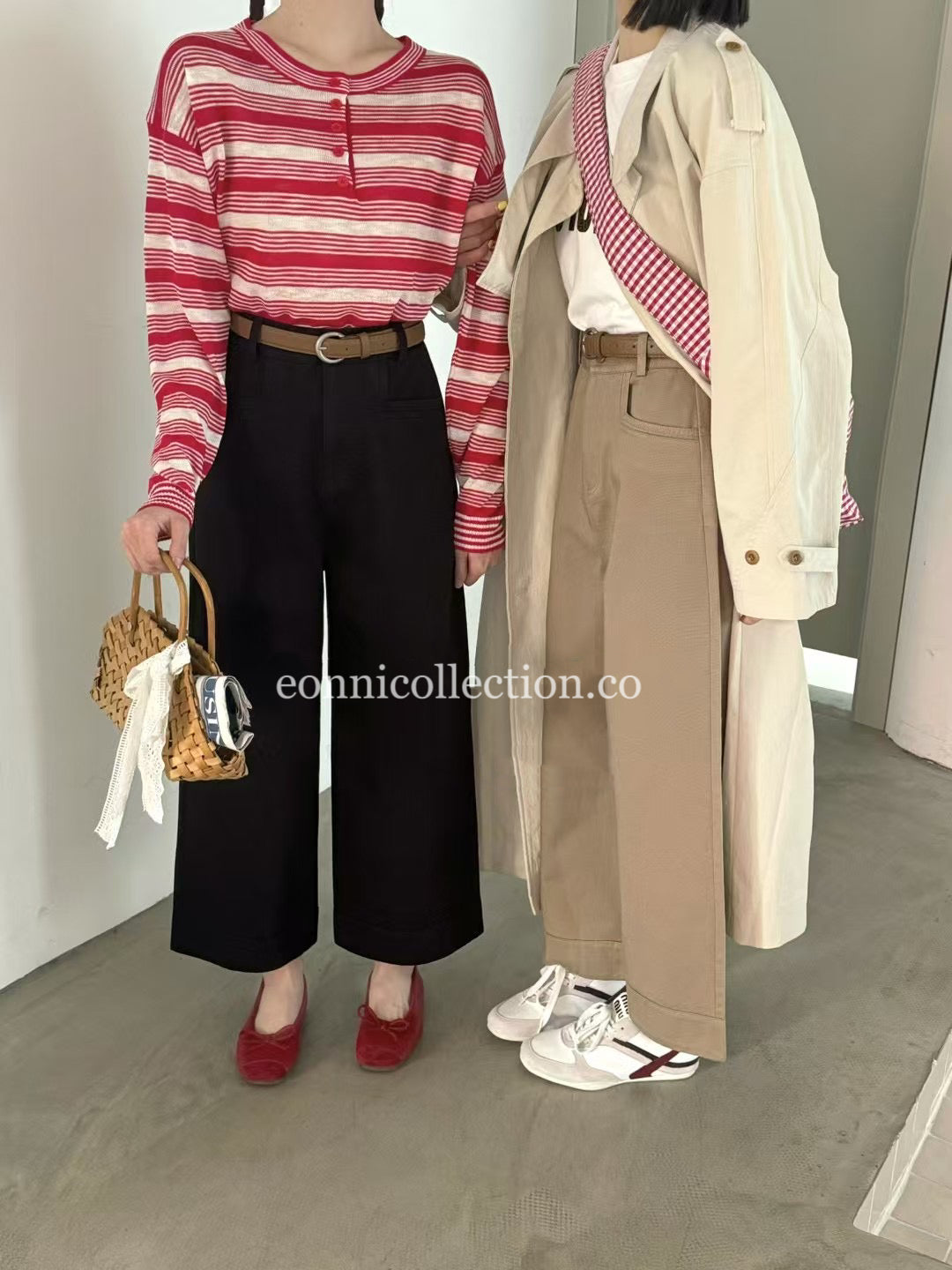 #3011 Korean Style High Waisted Washed Cotton Straight Leg Pants w/ Belt - Black
