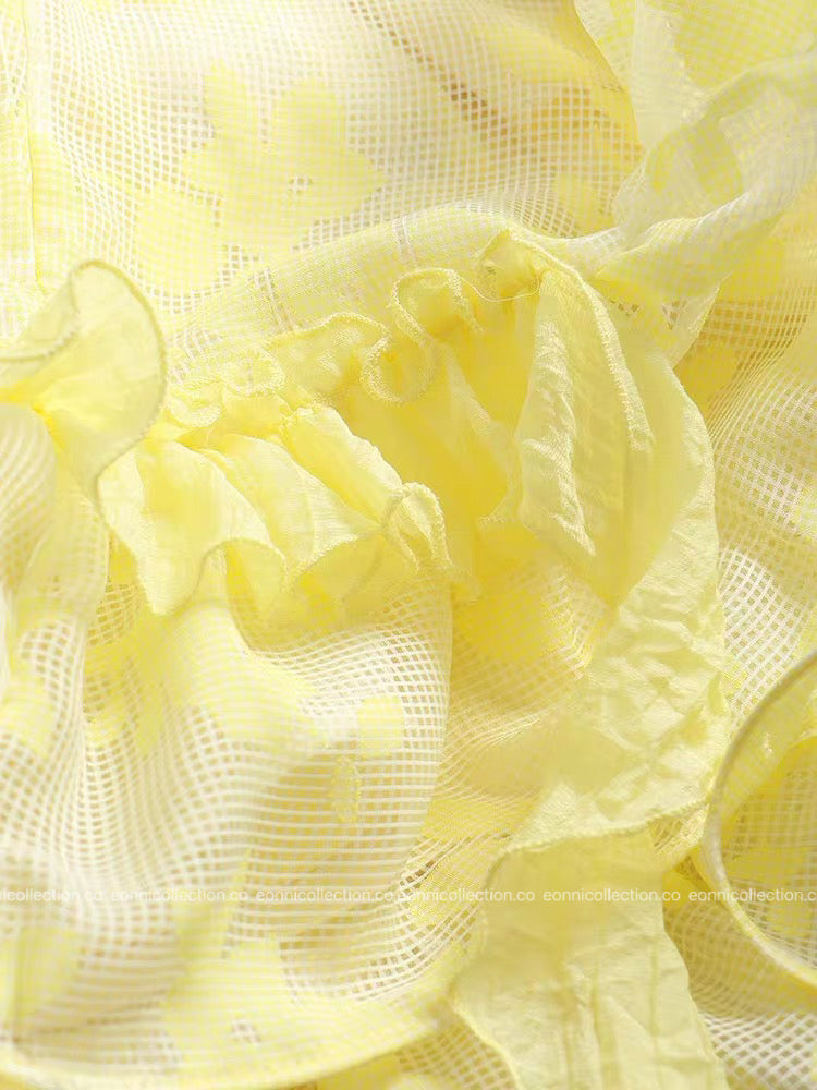 #2099 Zhao Lusi Inspired Yellow Floral Camisole Puff Dress Top