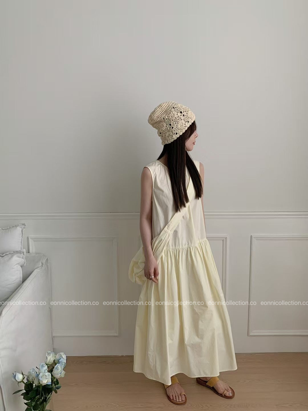 #2097 French Style Loose Fit Cotton Maxi Dress with Crossbody Hobo Bag(3 Colors)