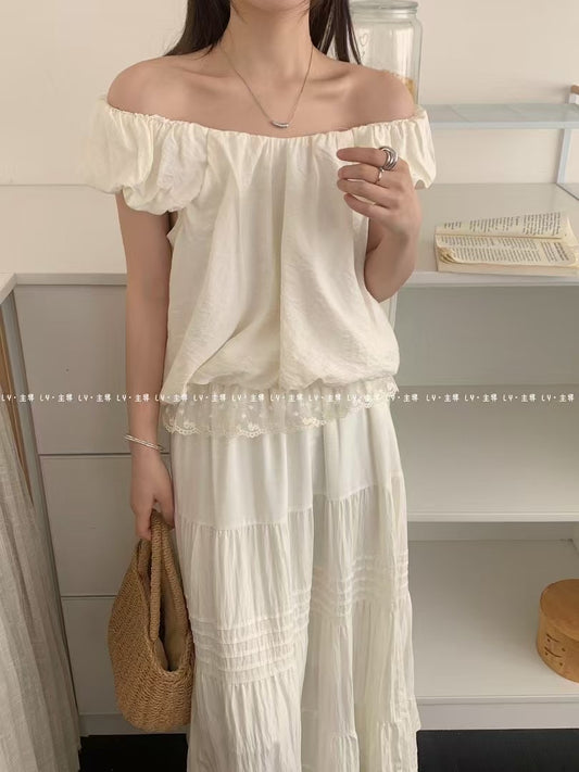 #1032 Eonni Flutter-Sleeve Top w/  Lace Panel Hem - Beige