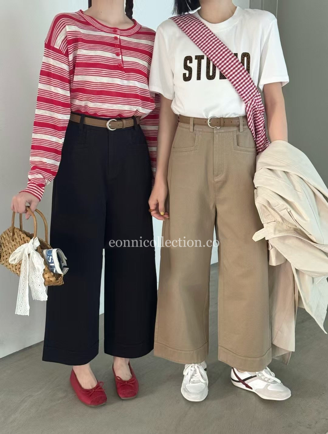 #3011 Korean Style High Waisted Washed Cotton Straight Leg Pants w/ Belt - Black