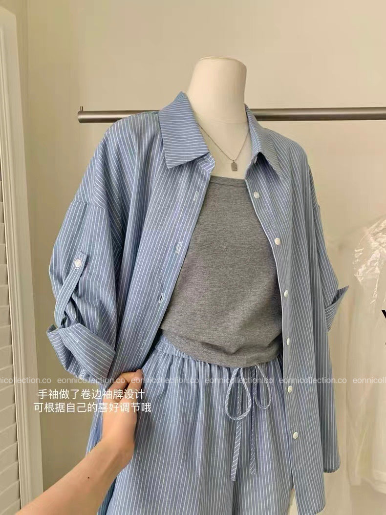 #2089 Effortless Striped Shirt + Sleeveless Camisole + Lace Trim Shorts Set