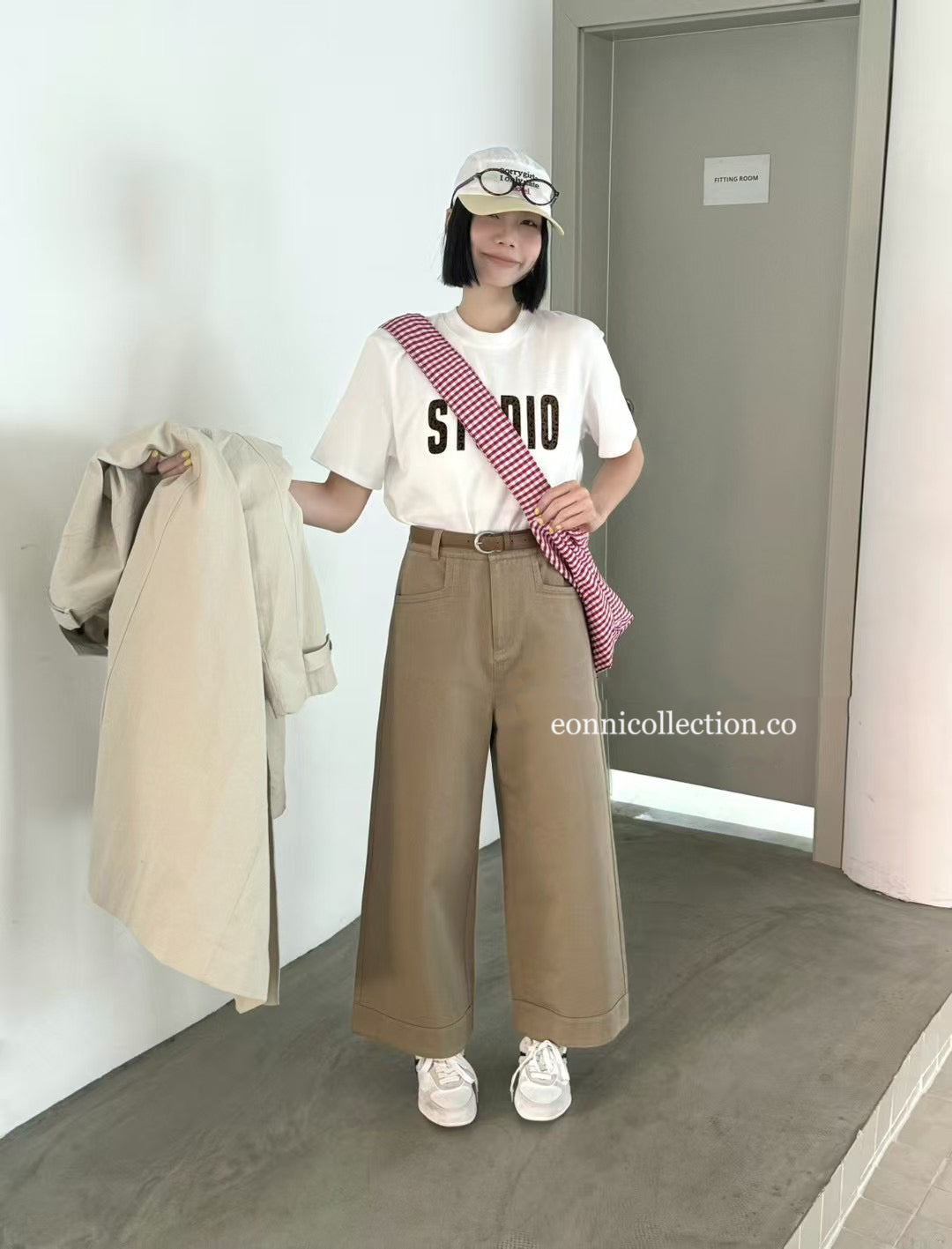 #3011 Korean Style High Waisted Washed Cotton Straight Leg Pants w/ Belt - Khaki