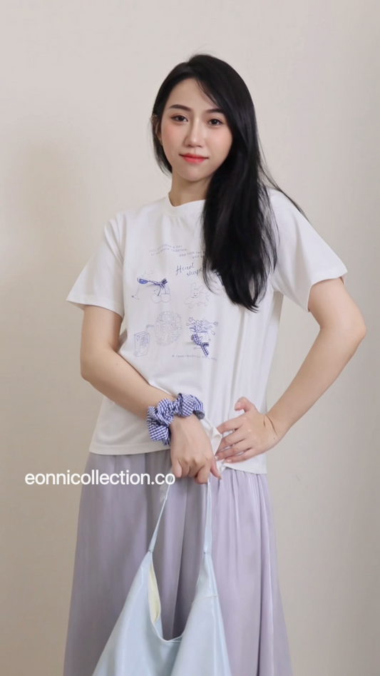 #1056 Ins Graphic Print Round Neck Oversized Tee + Hair Tie - White