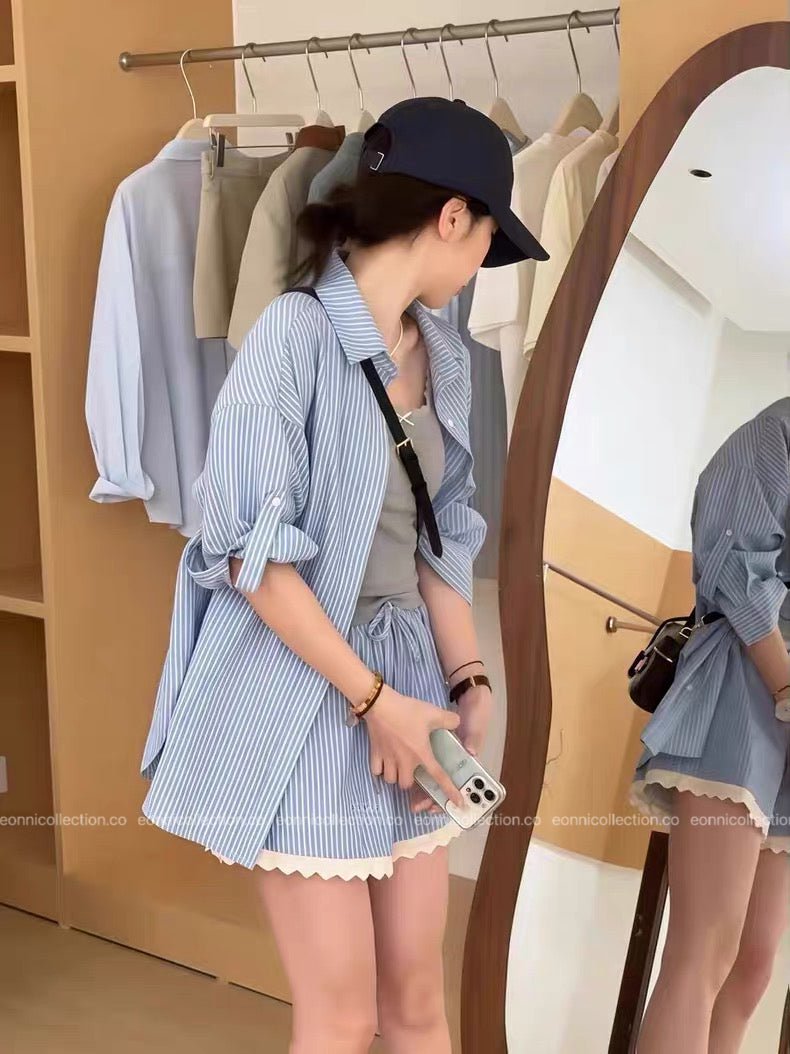 #2089 Effortless Striped Shirt + Sleeveless Camisole + Lace Trim Shorts Set