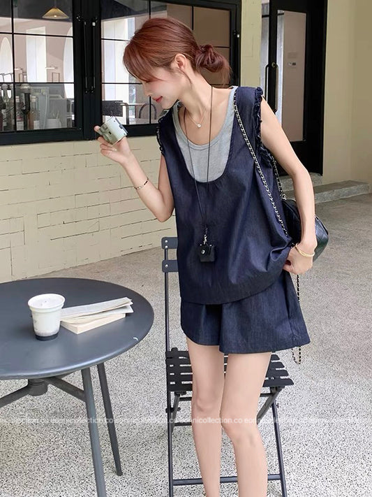 #2107 Colorblock Layered-Look Tank & Denim Shorts Set