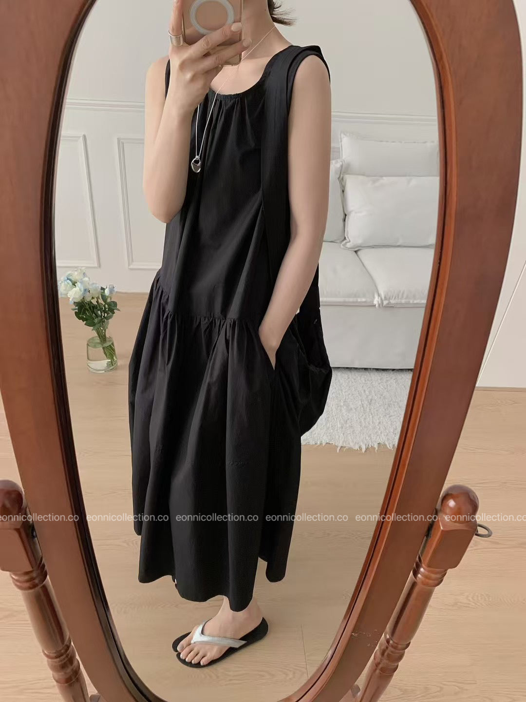 #2097 French Style Loose Fit Cotton Maxi Dress with Crossbody Hobo Bag(3 Colors)