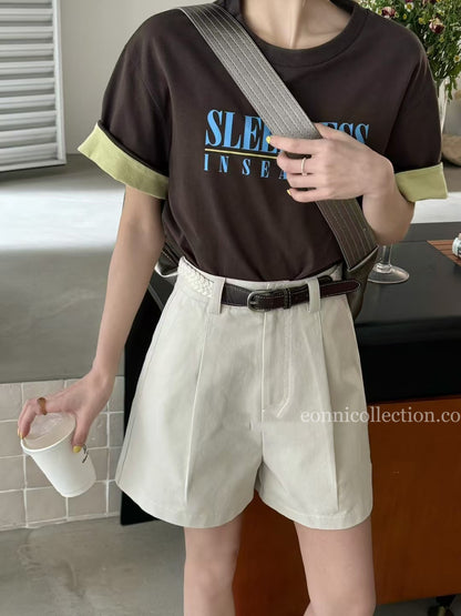#3009 A Lined Shorts w/ Woven Waistband - Beige