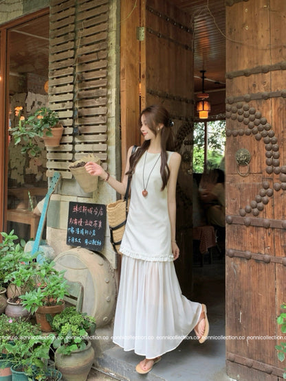 #2050 Vest Dress in Cotton Linen with Artisan Tiered Panels（3 Colors）