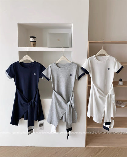 #2086 Preppy Cotton Tee Dress with Subtle Embroidery（3 Colors）