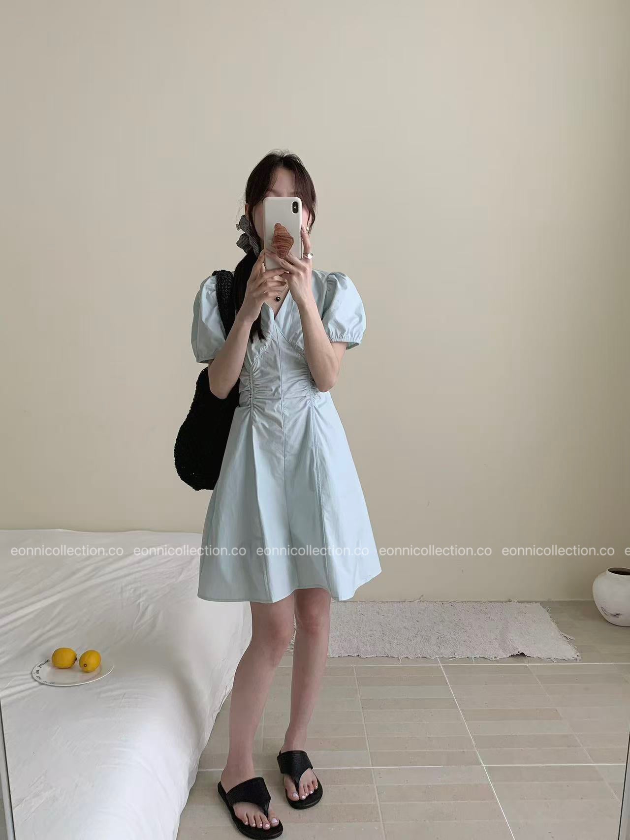 #2095 Korean V Neck Waist Gathered A Line Dress（3 Colors）
