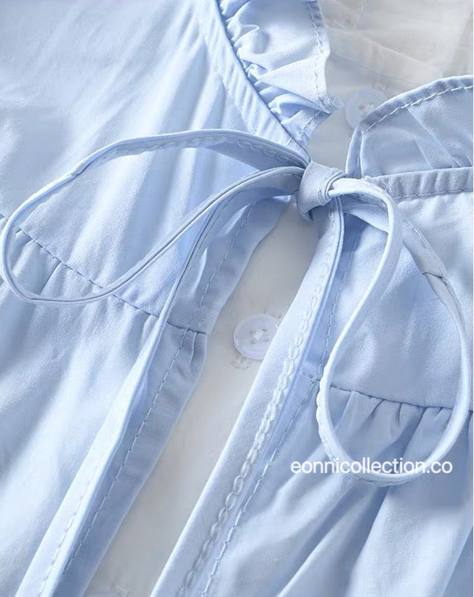 #1054 Korean Style Mock Two Piece Ruffled Sleeveless Blouse - Blue