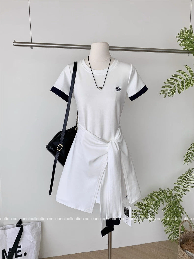 #2086 Preppy Cotton Tee Dress with Subtle Embroidery（3 Colors）