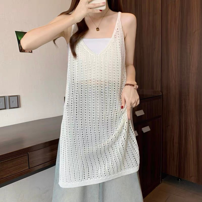 #1045 Knit Strappy Midi Slip Dress - Cream