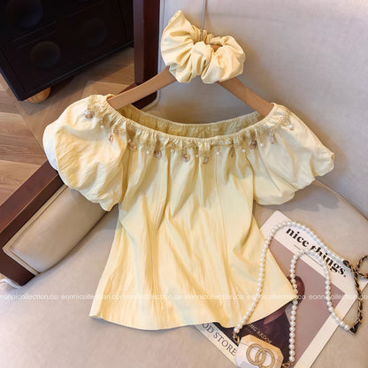 #1062 Off Shoulder Beaded Fringe Puff Sleeve Top + Matching Hair Tie（3 Colors)