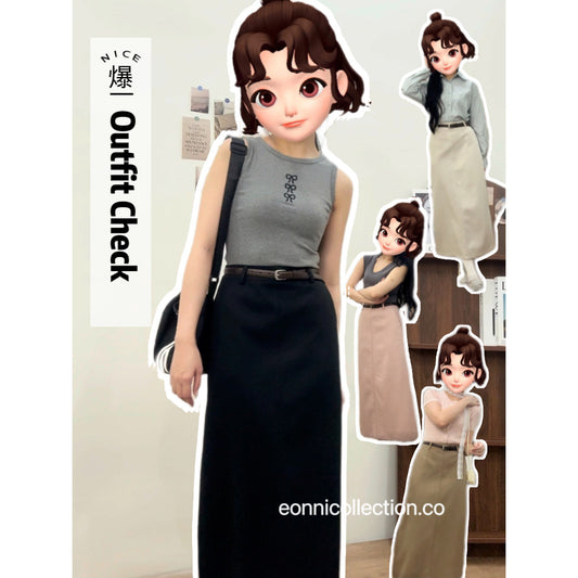 #3007 Straight-Line Washed Cotton Maxi Skirt w/ Belt - Black