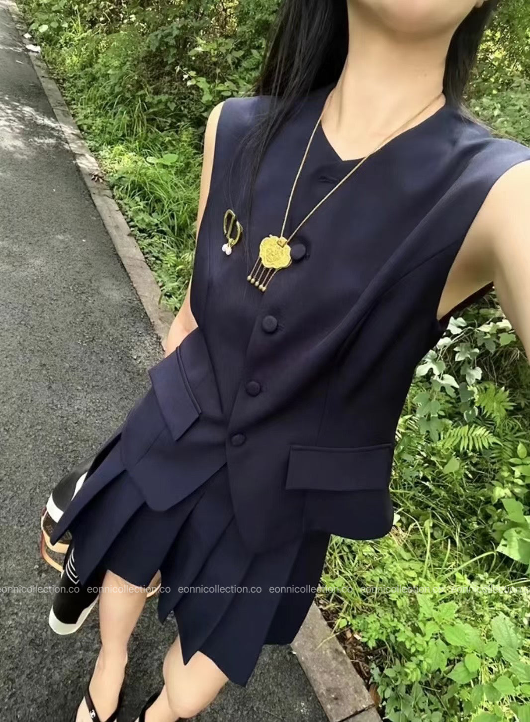 #2098 Modern Sophisticated Vest & Pleated Skirt Set with Brooch