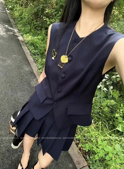 #2098 Modern Sophisticated Vest & Pleated Skirt Set with Brooch