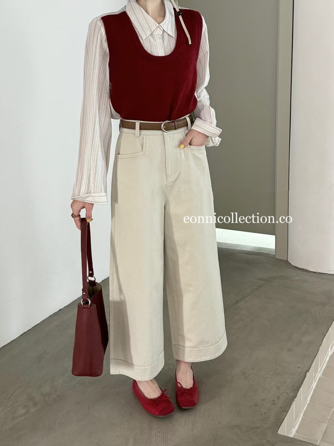 #3011 Korean Style High Waisted Washed Cotton Straight Leg Pants w/ Belt - Apricot Beige