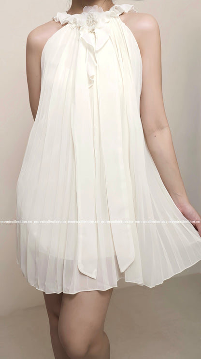 #2038 Draped Chiffon Gown Artistic 3D Floral Applique & Asymmetric Pleated Hem
