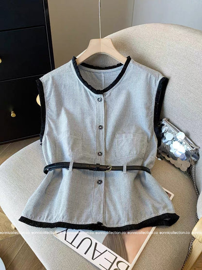 #1092 Chanel Colorblock Vest Raw Edging with Belt (2 Colors)