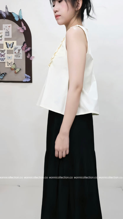 #1075 Sleeveless Pressed Pleats With Ruffle Design Blouse - Yellow
