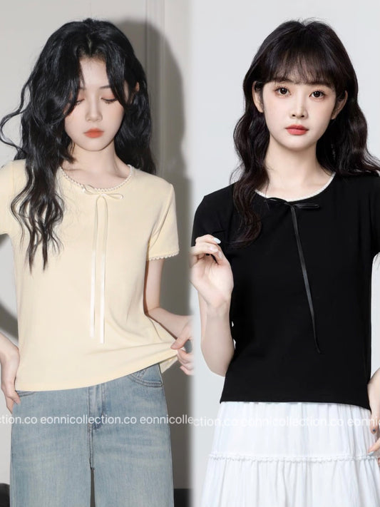 #1048 Bow And Lace Accent T-Shirt （2 Colors）