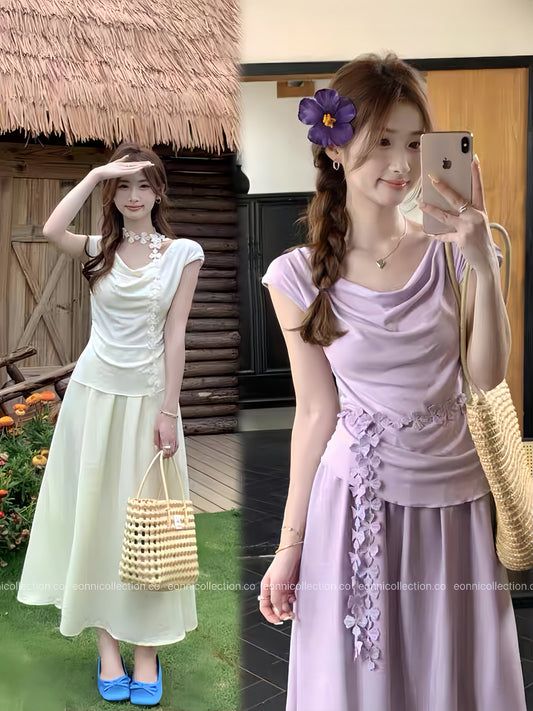 #2082 French Cowl Neck Top & Tiered Skirt Ensemble (2 Colors)