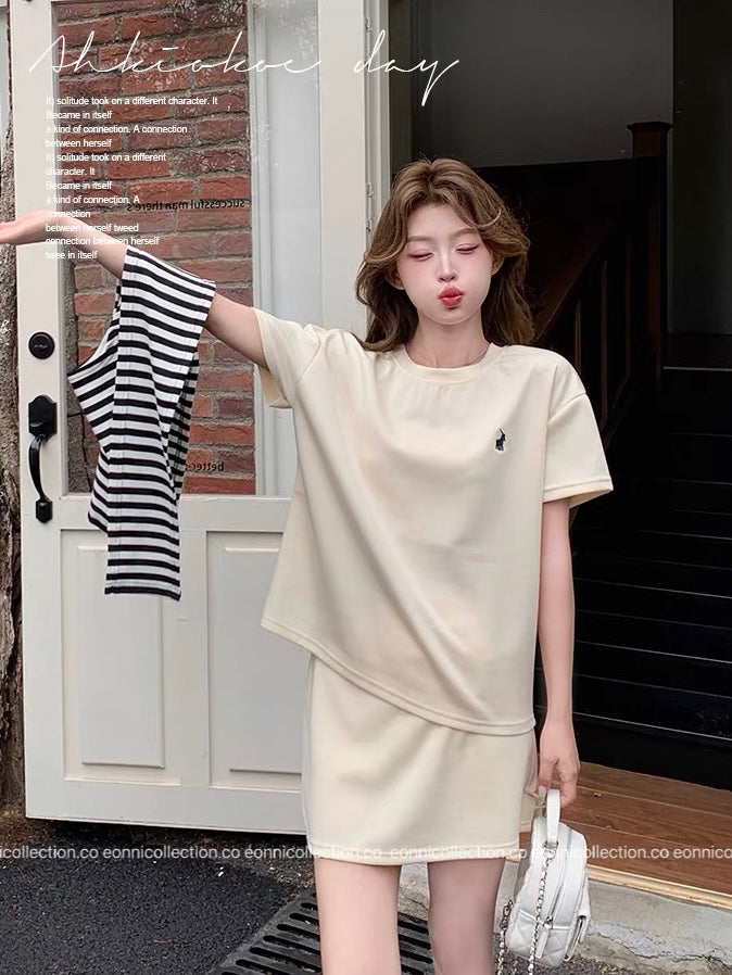 #2061 Korean Style Casual T Shirt + Cover Up High Waist Mini Skirt Three Piece Set（3 Colors）