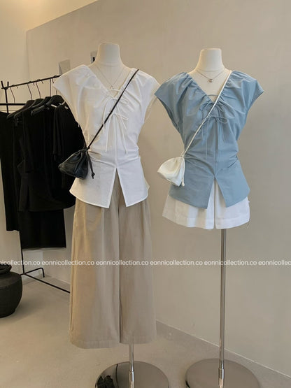 #1079 Crinkled V Neck Blouse Hand Pleated Neckline - White