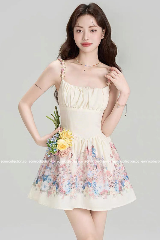 #2043 Floral A Line Dress 3D Flower Appliques & French Bardot Straps - Blue