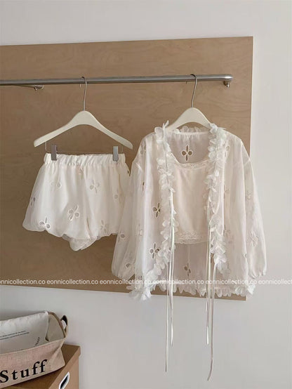 #2108 French Style Eyelet Cardigan Set – Elegant Two-Piece