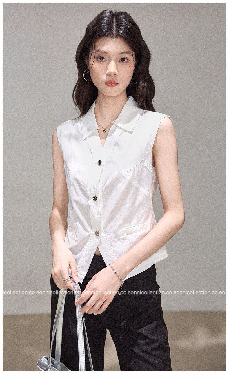#1093 French Minimal Vest Style Blouse（2 Colors）