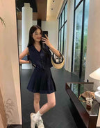 #2017 French Minimalist Linen-Blend Tank Set - Dark Blue