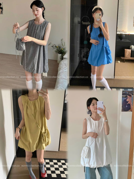 #2093 Cotton Linen Blouson Dress with Small Bag（4 Colors）