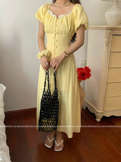 #2087 Romantic Puff Sleeve Square Neck Dress + Hair Tie Set（3 Colors）