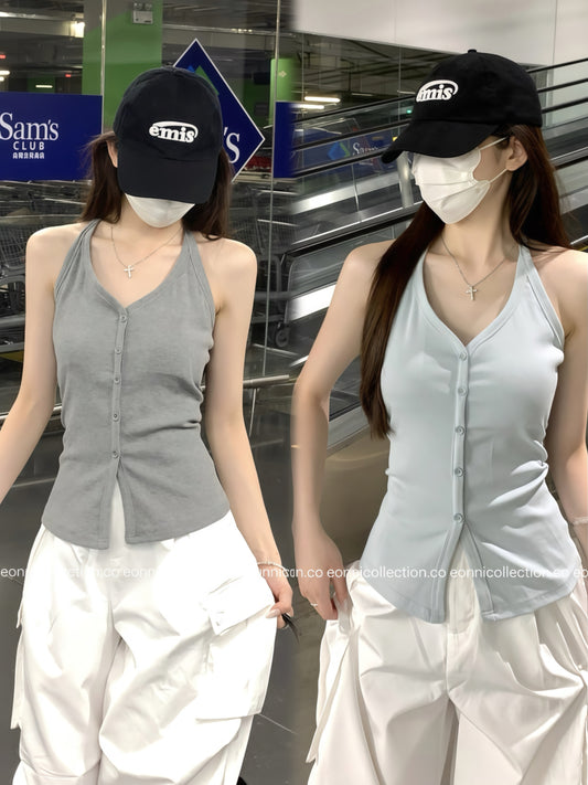 #1084 Padded Sassy Halter Top - Grey