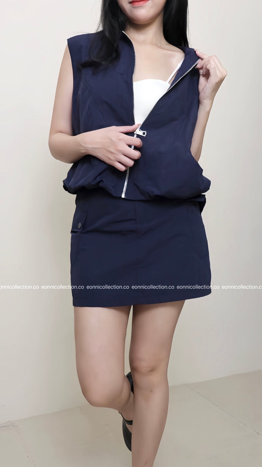 #2041 Korean Style Casual Vest + Cargo Skirt with Built in Safety Shorts - Dark Blue