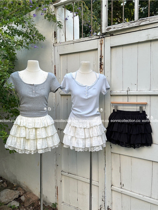 #3018 Lace Paneled A-Line Tiered Skirt with Inner Shorts（2 Colors）
